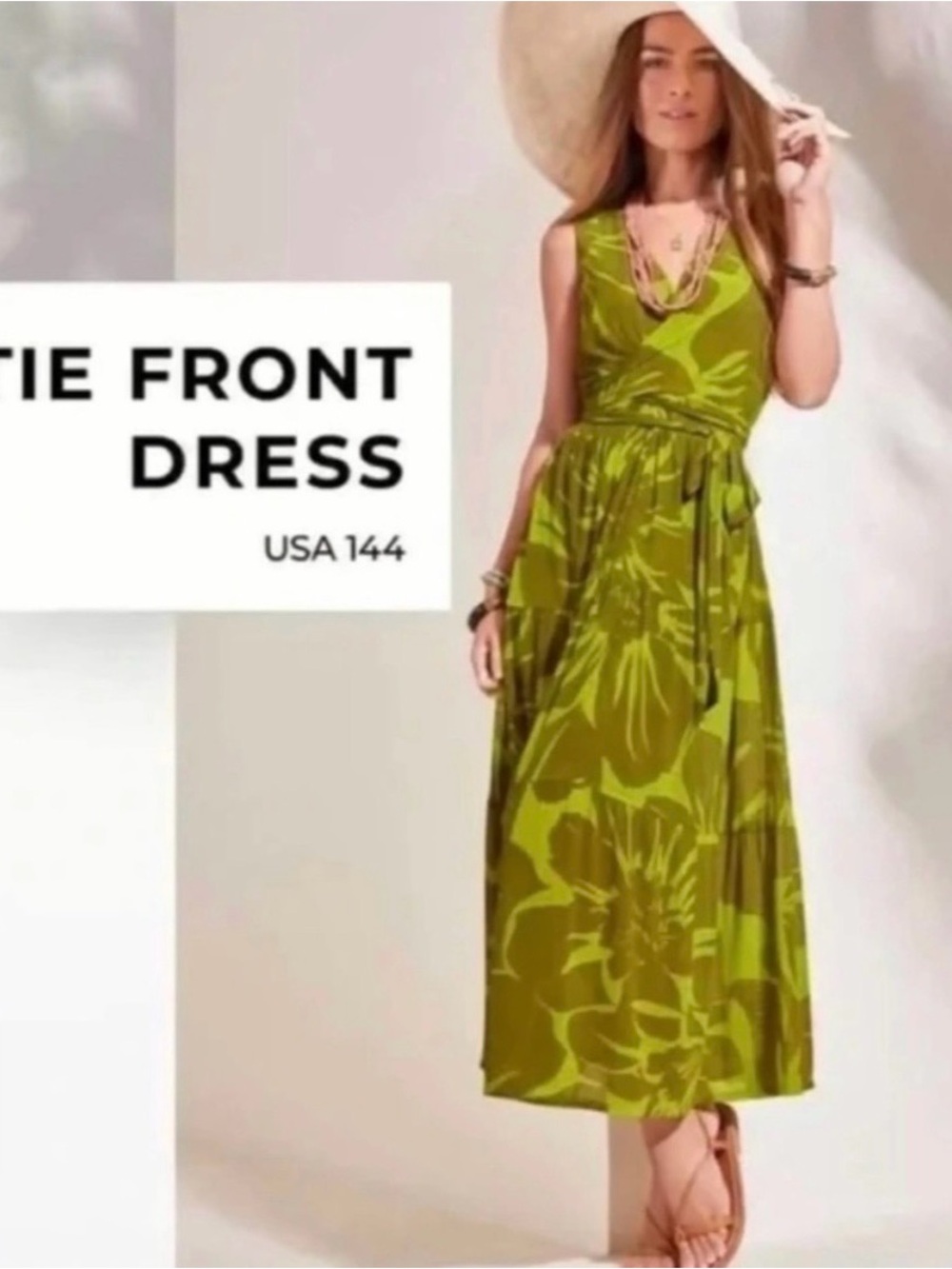 CAbi Tie Front Olive Green Floral V neck Maxi Dress-# 5853